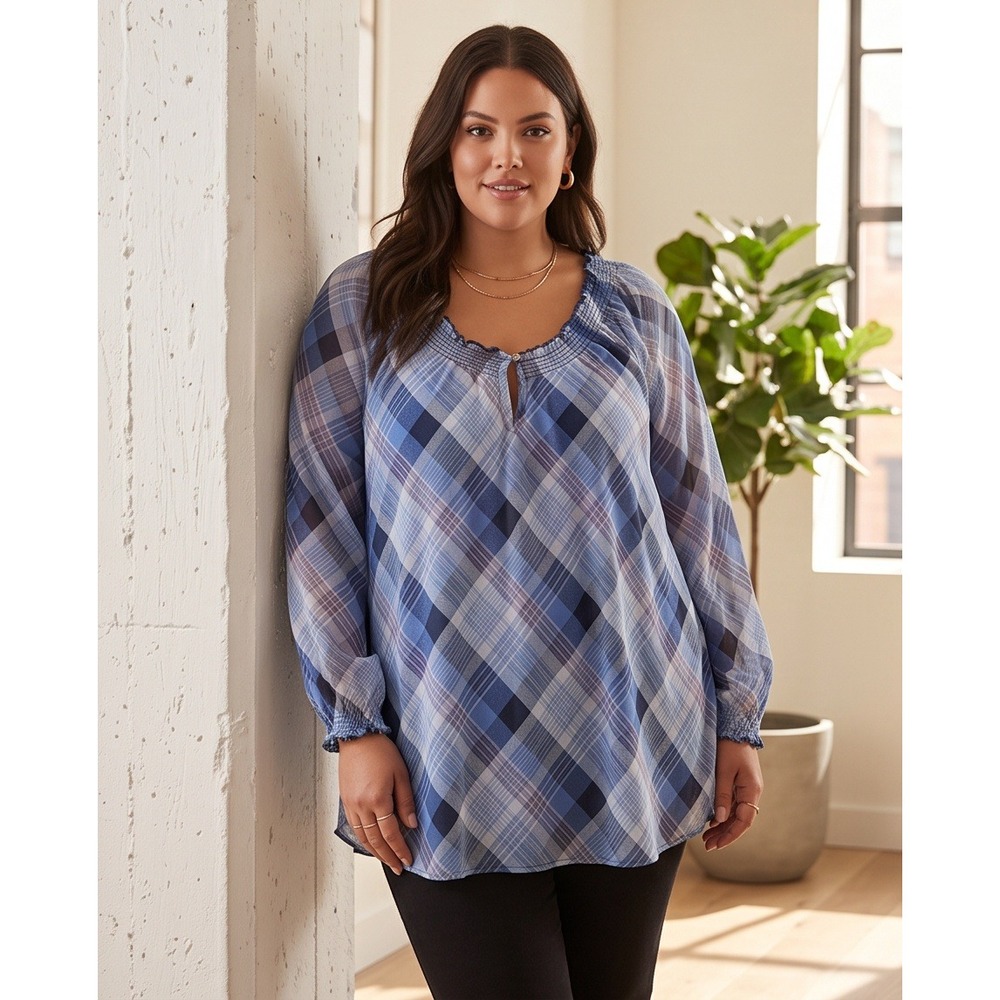Lane Bryant 26/28 Blue Plaid Cotton Smocked Neck Blouse 3X/4X NWT